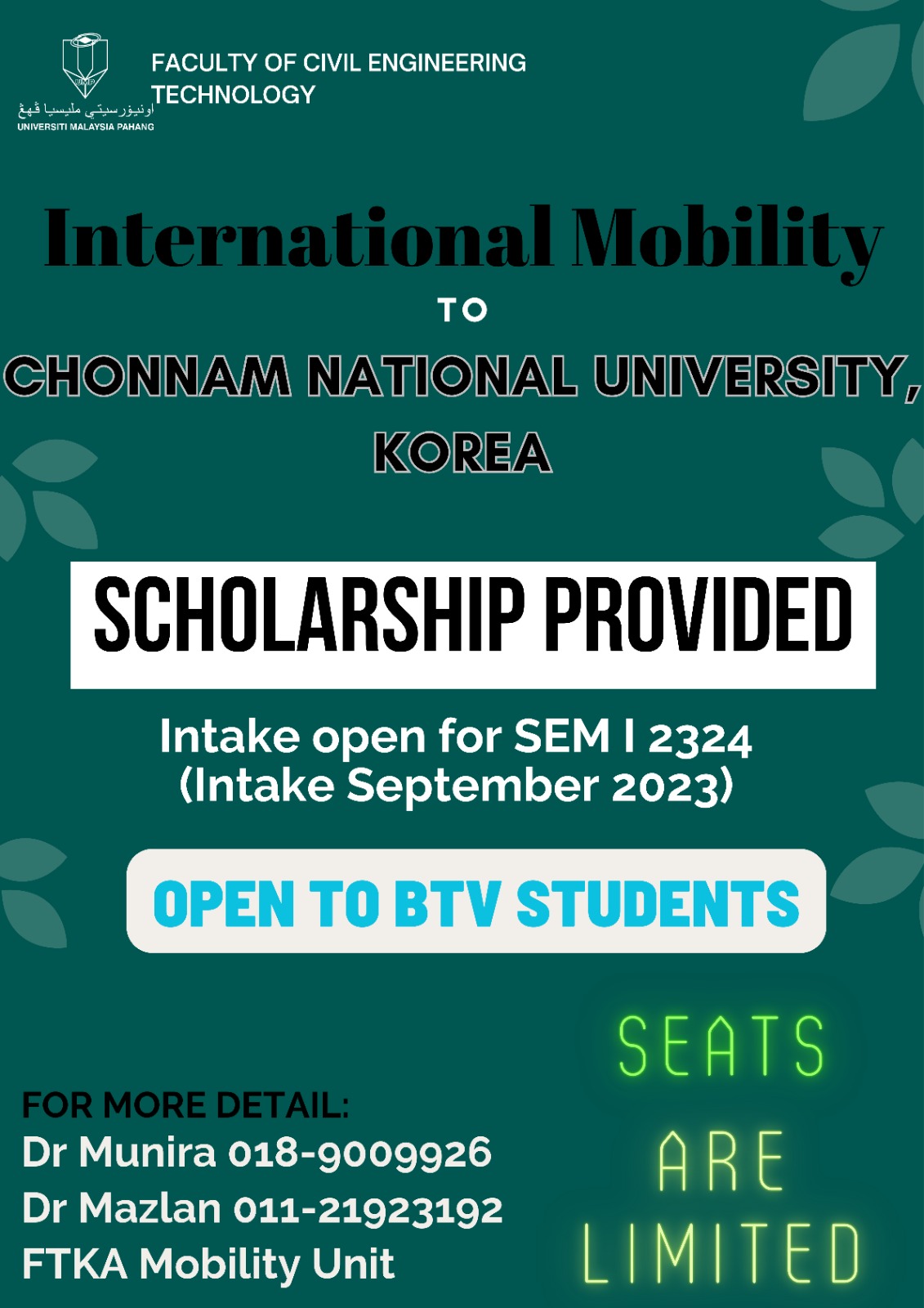 International Mobility to Faculty of Civil Engineering Technology in Chonnam National University, Korea. Intake open for SEM I 23/24 (intake September 2023)